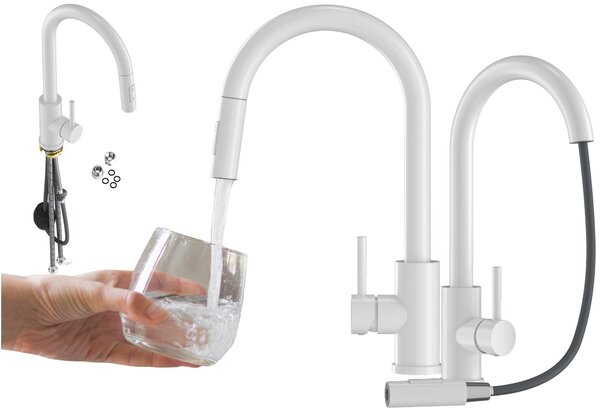 Granitan | LOSETO – bateria kuchenna – wysuwana wylewka – 2 rodzaje strumienia – biaa – stal nierdzewna – gowica ceramiczna