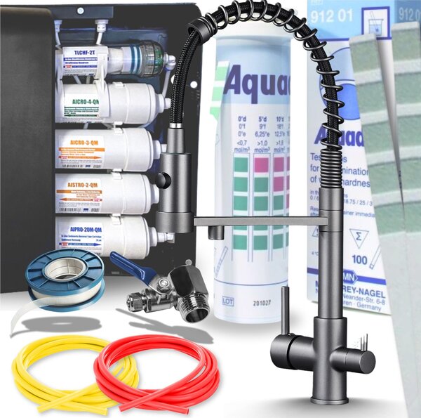 Bateria kuchenna trójdrona Ari Solid Spring z filtrem wody, elastyczna wylewka 360, grafit antracyt, mosina