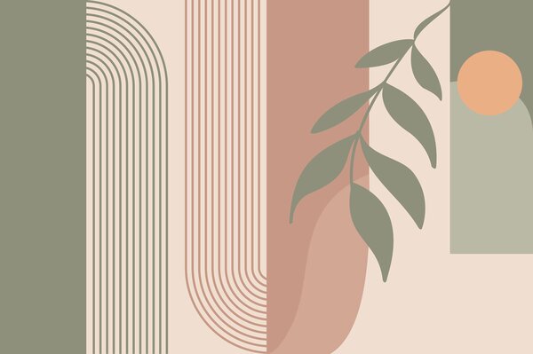 Fototapeta Zielone i różowe linie oraz liść, Fototapety design, Popularne Fototapety, u94153 - Tapeko.pl