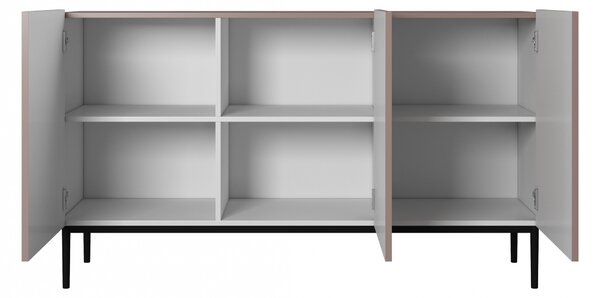 Komoda Nicole 150 cm trzydrzwiowa z ryflowanym frontem - antyczny róż MDF / czarne nóżki