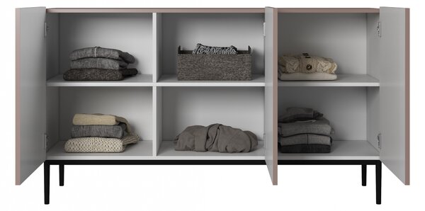 Komoda Nicole 150 cm trzydrzwiowa z ryflowanym frontem - antyczny róż MDF / czarne nóżki