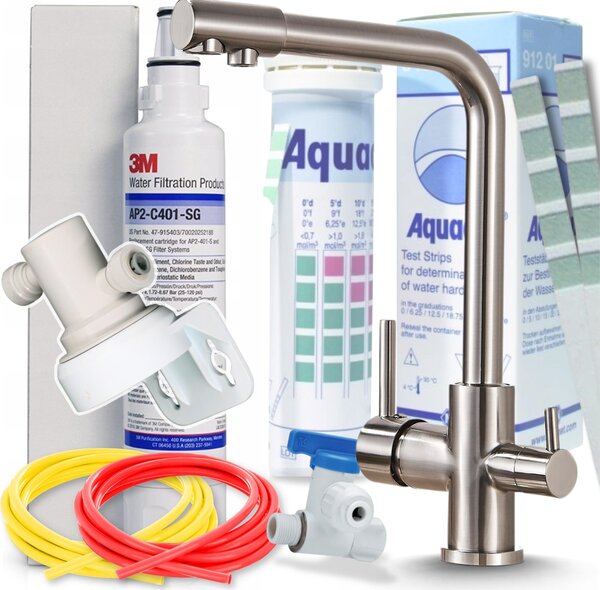Bateria kuchenna Ari Venom 3-drogowa ze szczotkowanej stali nierdzewnej z filtrem do wody pitnej 3M AP2-C405-SG – podblatowy system filtracji wody