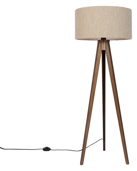 Nowoczesna lampa podłogowa drewno orzechowe z beżowym abażurem bouclé 50cm - Tripod Classic