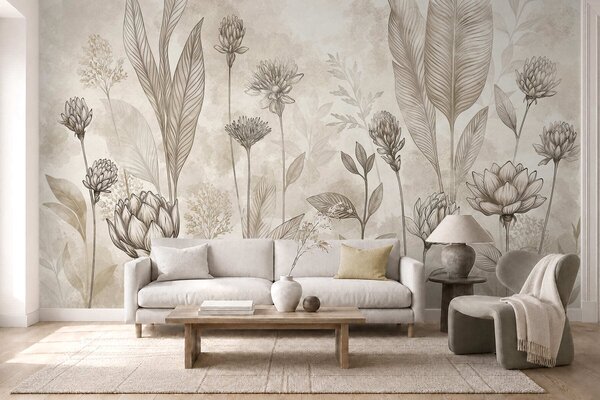 Fototapety Kompozycja botaniczna z kwiatami i liśćmi, Fototapety Kwiaty, w05802 : Uwalls.pl