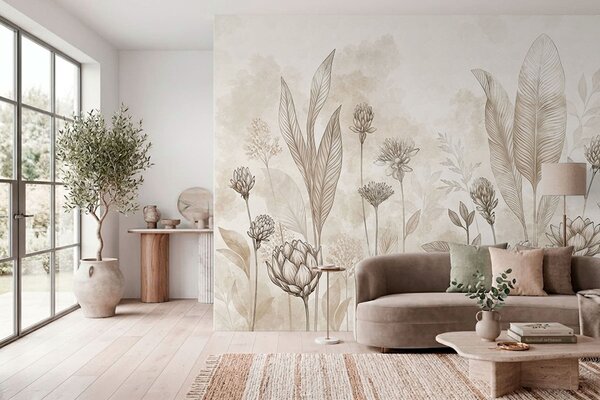 Fototapety Kompozycja botaniczna z kwiatami i liśćmi, Fototapety Kwiaty, w05802 : Uwalls.pl