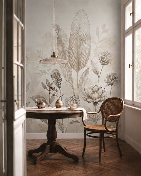 Fototapety Kompozycja botaniczna z kwiatami i liśćmi, Fototapety Kwiaty, w05802 : Uwalls.pl