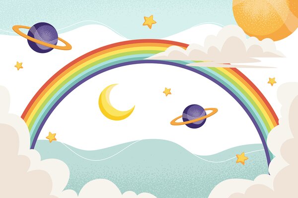 Fototapeta Tęcza z planetami i gwiazdami, Fototapety Dziecięce, Popularne Fototapety, u94327 - Tapeko.pl