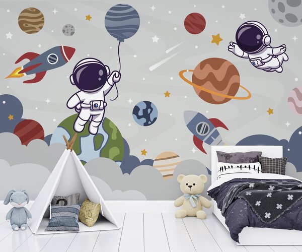 Fototapeta Kreskówkowy astronauta w kosmosie z planetami i rakietą lecącą po niebie, Fototapety Dziecięce, Popularne Fototapety, u94476 - Tapeko.pl