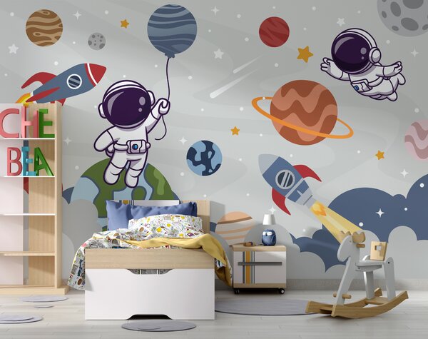 Fototapeta Kreskówkowy astronauta w kosmosie z planetami i rakietą lecącą po niebie, Fototapety Dziecięce, Popularne Fototapety, u94476 - Tapeko.pl