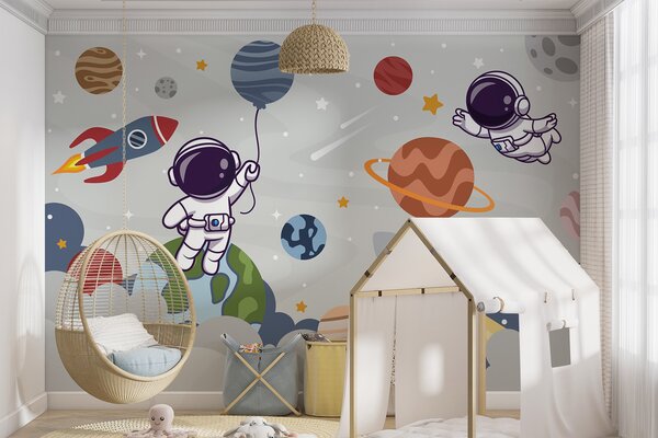 Fototapeta Kreskówkowy astronauta w kosmosie z planetami i rakietą lecącą po niebie, Fototapety Dziecięce, Popularne Fototapety, u94476 - Tapeko.pl