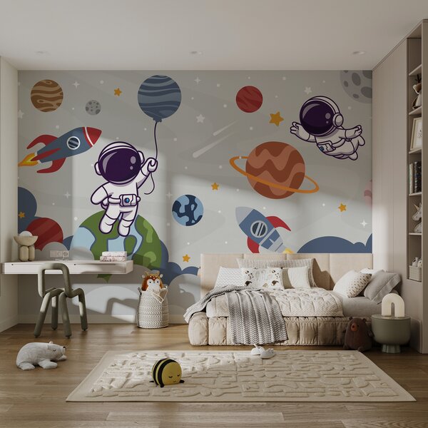 Fototapeta Kreskówkowy astronauta w kosmosie z planetami i rakietą lecącą po niebie, Fototapety Dziecięce, Popularne Fototapety, u94476 - Tapeko.pl