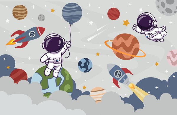 Fototapeta Kreskówkowy astronauta w kosmosie z planetami i rakietą lecącą po niebie, Fototapety Dziecięce, Popularne Fototapety, u94476 - Tapeko.pl