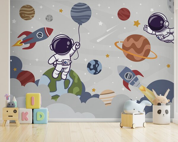 Fototapeta Kreskówkowy astronauta w kosmosie z planetami i rakietą lecącą po niebie, Fototapety Dziecięce, Popularne Fototapety, u94476 - Tapeko.pl
