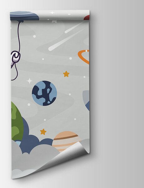 Fototapeta Kreskówkowy astronauta w kosmosie z planetami i rakietą lecącą po niebie, Fototapety Dziecięce, Popularne Fototapety, u94476 - Tapeko.pl