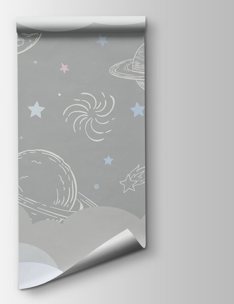 Fototapeta Szare tło z chmurami i rakietami, Fototapety Dziecięce, Popularne Fototapety, u94636 - Tapeko.pl