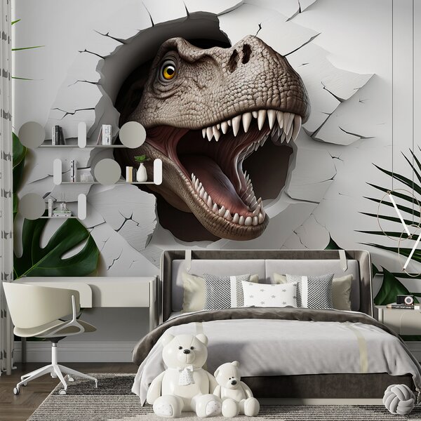 Fototapeta Głowa dinozaura wychodząca z dziury w ścianie, Fototapety 3d, Popularne Fototapety, u94772 - Tapeko.pl