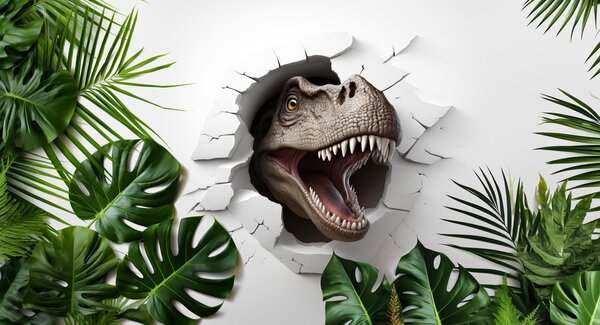 Fototapeta Głowa dinozaura wychodząca z dziury w ścianie, Fototapety 3d, Popularne Fototapety, u94772 - Tapeko.pl