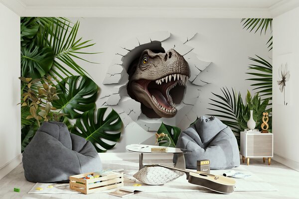 Fototapeta Głowa dinozaura wychodząca z dziury w ścianie, Fototapety 3d, Popularne Fototapety, u94772 - Tapeko.pl