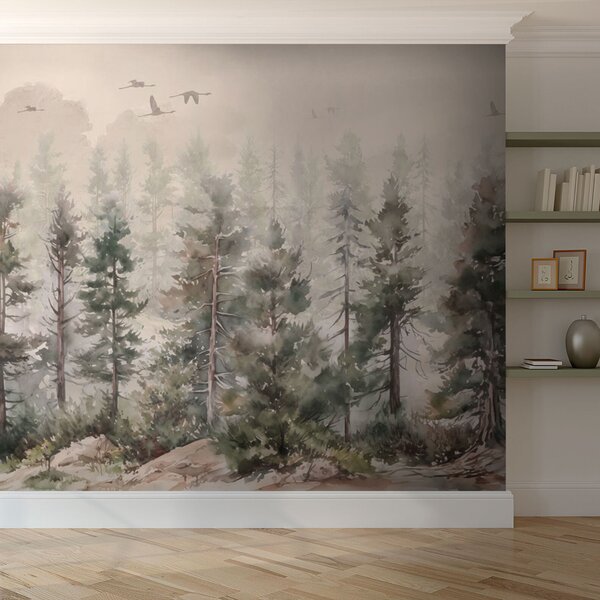Fototapeta Akwarela drzew i ptaków lecących nad zamglonym lasem, Fototapety Las, Popularne Fototapety, u94848 - Tapeko.pl