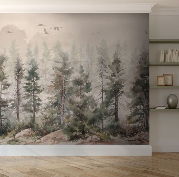 Fototapeta Akwarela drzew i ptaków lecących nad zamglonym lasem, Fototapety Las, Popularne Fototapety, u94848 - Tapeko.pl
