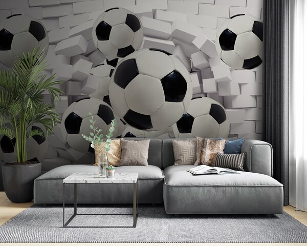 Fototapeta Grupa piłek futbolowych przelatujących nad ścianą, Fototapety Dziecięce, Popularne Fototapety, u94958 - Tapeko.pl