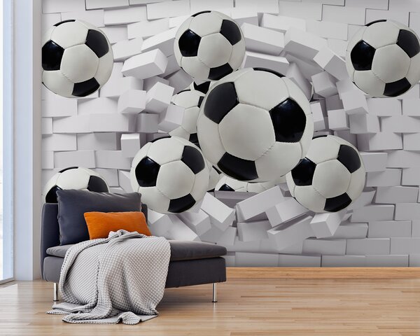Fototapeta Grupa piłek futbolowych przelatujących nad ścianą, Fototapety Dziecięce, Popularne Fototapety, u94958 - Tapeko.pl