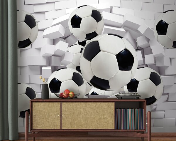 Fototapeta Grupa piłek futbolowych przelatujących nad ścianą, Fototapety Dziecięce, Popularne Fototapety, u94958 - Tapeko.pl