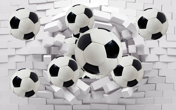 Fototapeta Grupa piłek futbolowych przelatujących nad ścianą, Fototapety Dziecięce, Popularne Fototapety, u94958 - Tapeko.pl