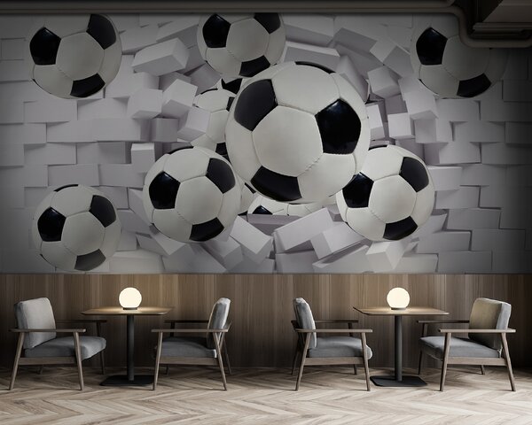 Fototapeta Grupa piłek futbolowych przelatujących nad ścianą, Fototapety Dziecięce, Popularne Fototapety, u94958 - Tapeko.pl