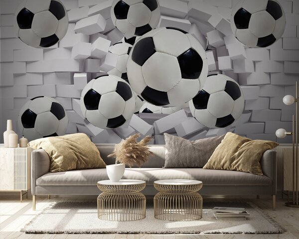 Fototapeta Grupa piłek futbolowych przelatujących nad ścianą, Fototapety Dziecięce, Popularne Fototapety, u94958 - Tapeko.pl
