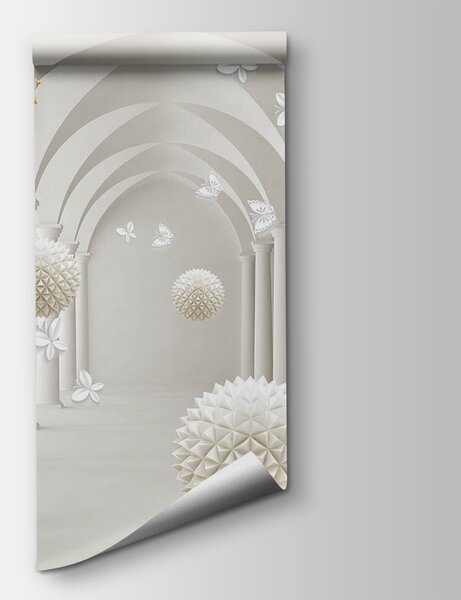 Fototapeta Biały pokój z białymi kwiatami i białymi kulkami, Fototapety 3d, Popularne Fototapety, u94966 - Tapeko.pl