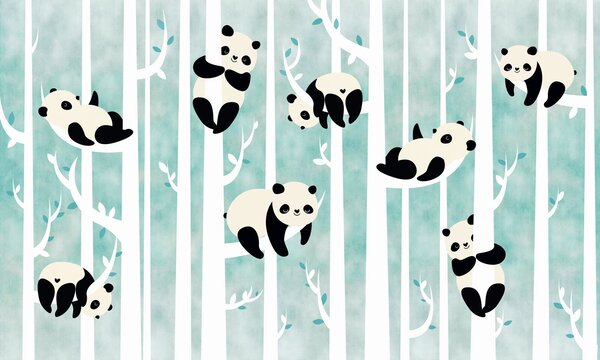 Fototapeta Pandy na drzewie, Fototapety Dziecięce, Popularne Fototapety, u95025 - Tapeko.pl