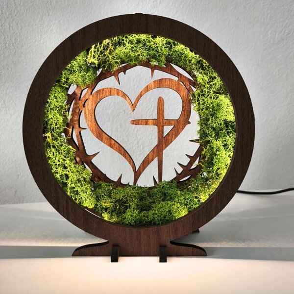 Lampa LED z mchem, sercem i krzyżem | Orzech Wenge