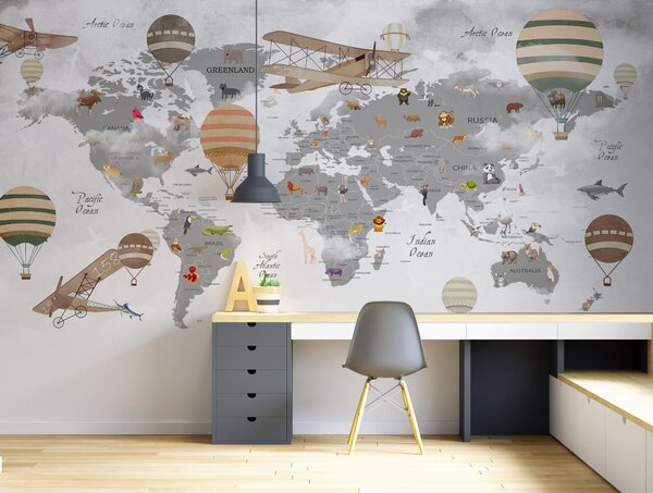 Fototapeta Mapa świata ze zwierzętami i balonami na ogrzane powietrze, Fototapety Dziecięce, Popularne Fototapety, u95040 - Tapeko.pl
