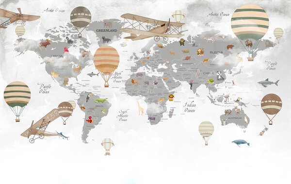 Fototapeta Mapa świata ze zwierzętami i balonami na ogrzane powietrze, Fototapety Dziecięce, Popularne Fototapety, u95040 - Tapeko.pl
