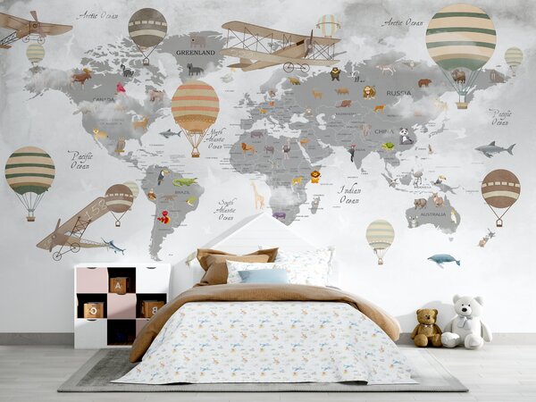 Fototapeta Mapa świata ze zwierzętami i balonami na ogrzane powietrze, Fototapety Dziecięce, Popularne Fototapety, u95040 - Tapeko.pl