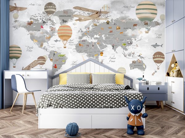 Fototapeta Mapa świata ze zwierzętami i balonami na ogrzane powietrze, Fototapety Dziecięce, Popularne Fototapety, u95040 - Tapeko.pl