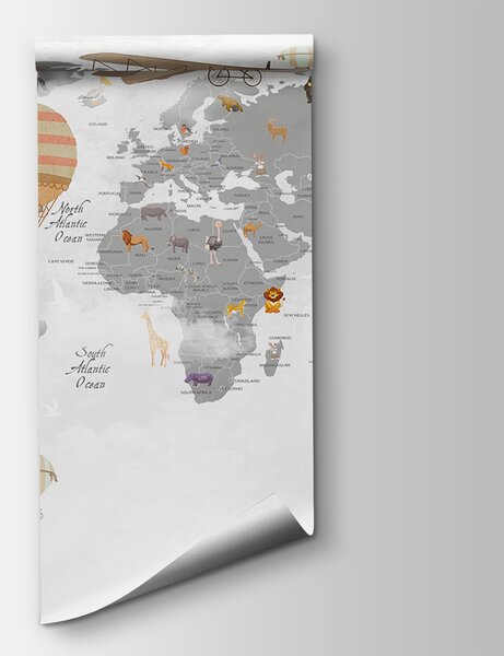 Fototapeta Mapa świata ze zwierzętami i balonami na ogrzane powietrze, Fototapety Dziecięce, Popularne Fototapety, u95040 - Tapeko.pl