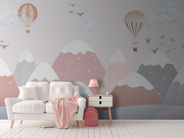 Fototapeta Balon na ogrzane powietrze lecący nad górami, Fototapety Dziecięce, Popularne Fototapety, u95232 - Tapeko.pl