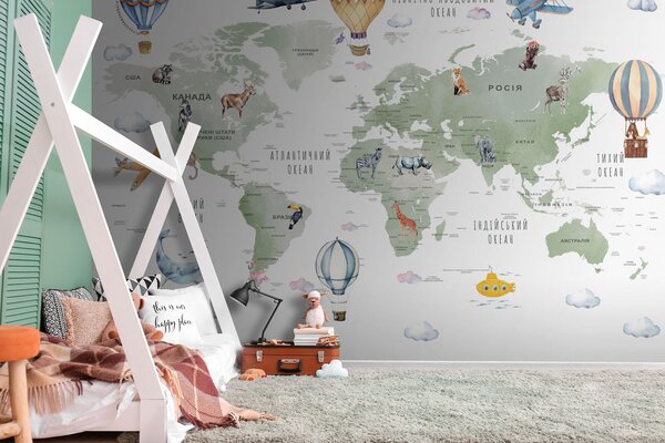 Fototapeta Mapa świata ze zwierzętami i słowami, Fototapety Dziecięce, Popularne Fototapety, u95274 - Tapeko.pl