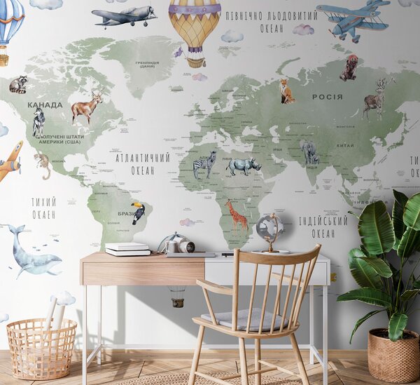 Fototapeta Mapa świata ze zwierzętami i słowami, Fototapety Dziecięce, Popularne Fototapety, u95274 - Tapeko.pl