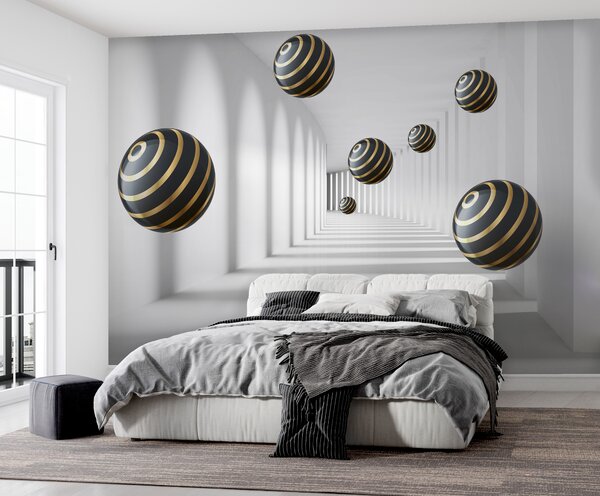Fototapeta Kule w paski unoszą się w białym korytarzu, Fototapety 3d, Popularne Fototapety, u95356 - Tapeko.pl