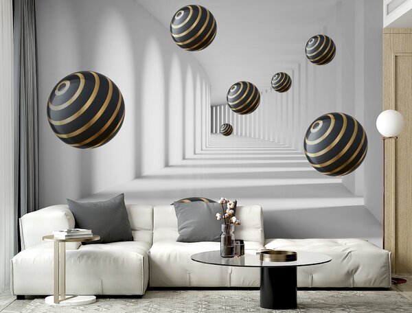 Fototapeta Kule w paski unoszą się w białym korytarzu, Fototapety 3d, Popularne Fototapety, u95356 - Tapeko.pl