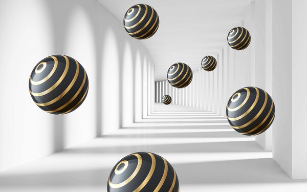 Fototapeta Kule w paski unoszą się w białym korytarzu, Fototapety 3d, Popularne Fototapety, u95356 - Tapeko.pl