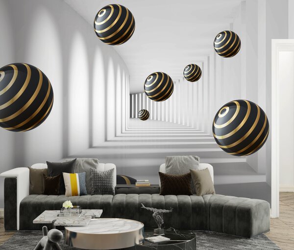 Fototapeta Kule w paski unoszą się w białym korytarzu, Fototapety 3d, Popularne Fototapety, u95356 - Tapeko.pl
