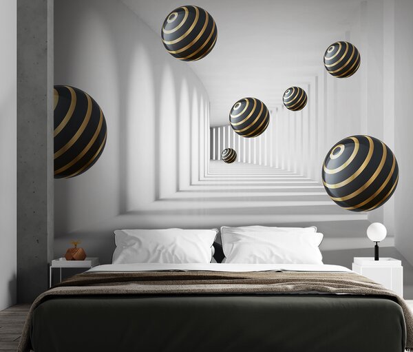Fototapeta Kule w paski unoszą się w białym korytarzu, Fototapety 3d, Popularne Fototapety, u95356 - Tapeko.pl