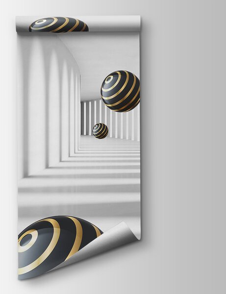 Fototapeta Kule w paski unoszą się w białym korytarzu, Fototapety 3d, Popularne Fototapety, u95356 - Tapeko.pl