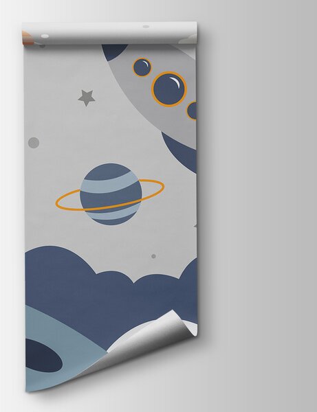 Fototapeta Kreskówka astronauty spacerującego po planecie z rakietą na niebie, Fototapety Dziecięce, Popularne Fototapety, u95706 - Tapeko.pl