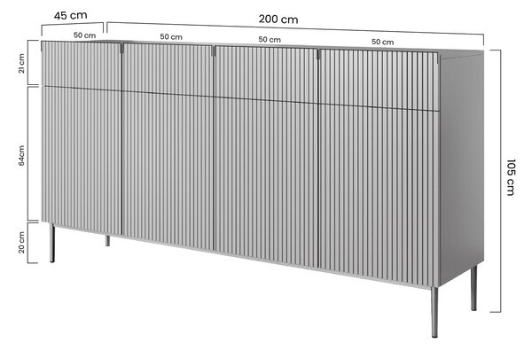 Komoda Nicole 200 cm z czterema szufladami na metalowych nogach- biały mat / złote nóżki