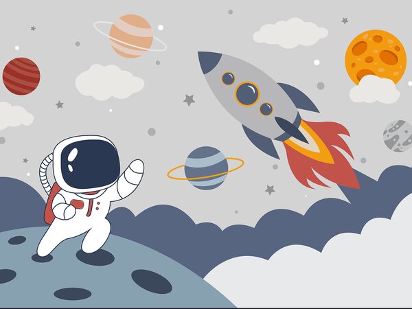 Fototapeta Kreskówka astronauty spacerującego po planecie z rakietą na niebie, Fototapety Dziecięce, Popularne Fototapety, u95706 - Tapeko.pl